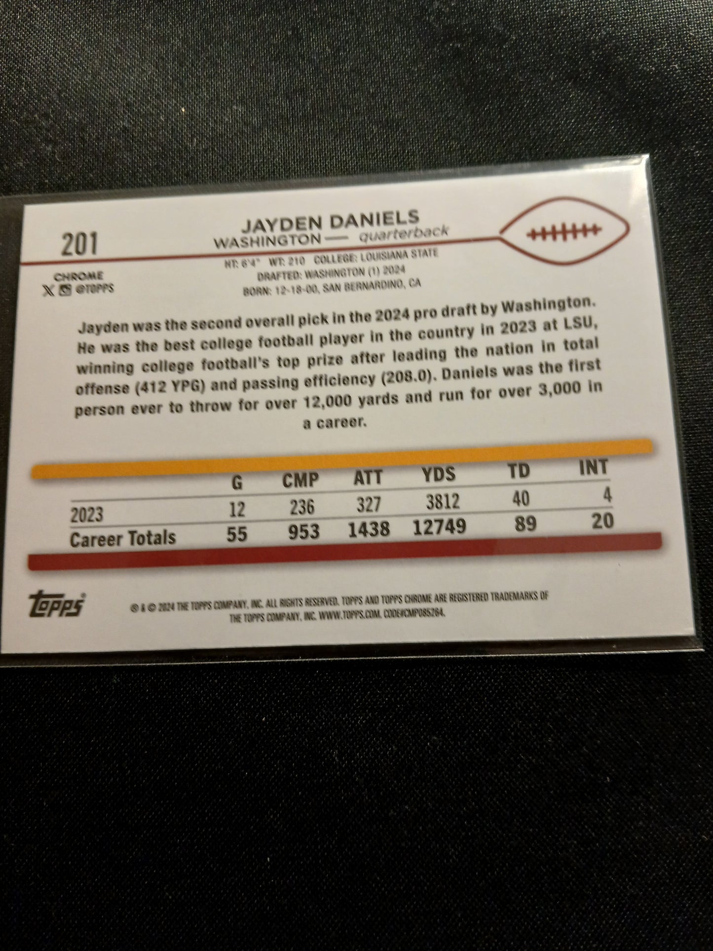 2024 Topps Chrome # 201, Jayden Daniel's (RC)