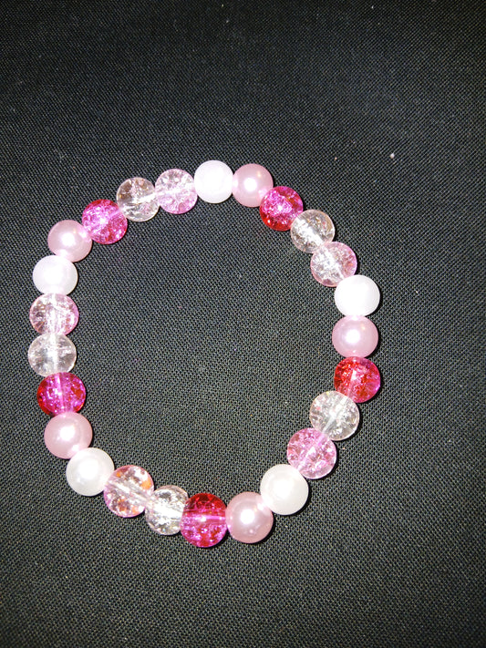 Handmade hot pink, pastel pink, clear and white glass beads bracelet.
