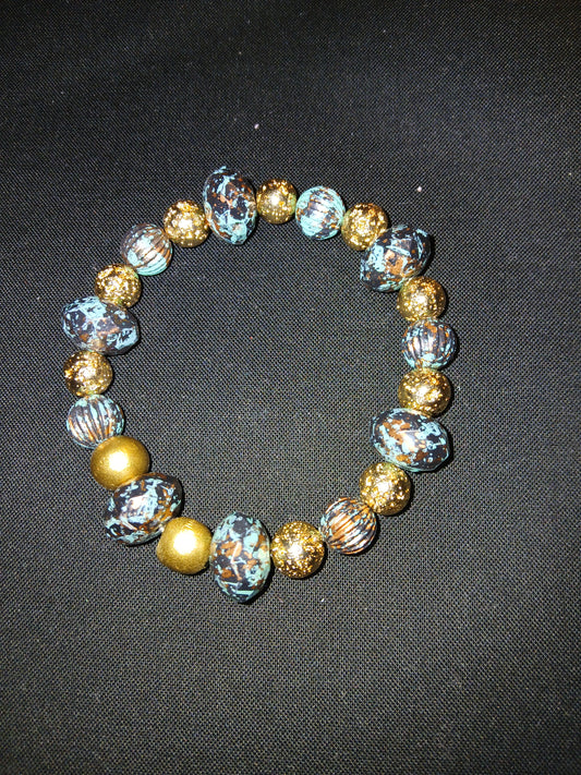 Handmade blue, bronze, black  and gold bracelet.