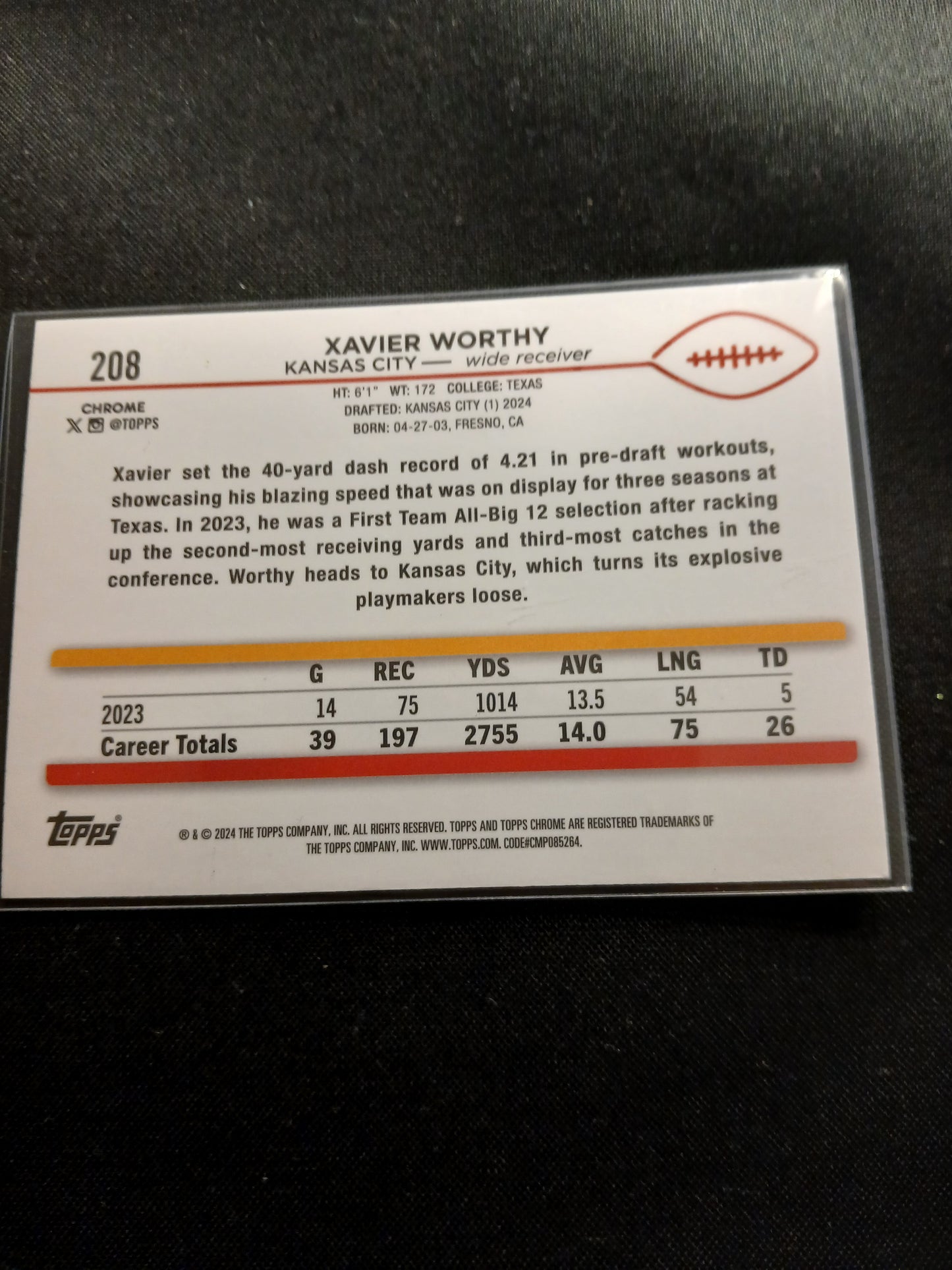 2024 Topps Chrome Pink Refractor, #208, Xavier Worthy